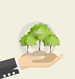 ECO FRIENDLY. Ecology concept with hand and tree background. Vector illustration.