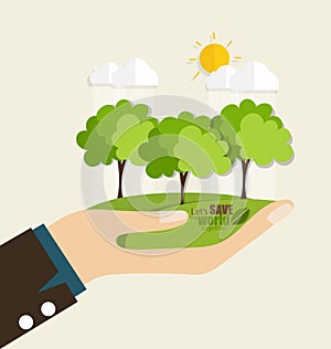 ECO FRIENDLY. Ecology concept with hand and tree background. Vector illustration.