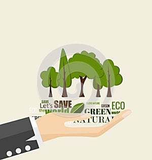 ECO FRIENDLY. Ecology concept with hand and tree background. Vector illustration.