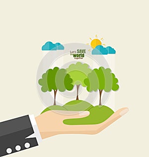 ECO FRIENDLY. Ecology concept with hand and tree background. Vector illustration.