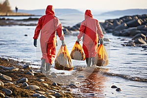 Eco friendly efforts: two people picks up plastic on the coast