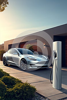 Eco-friendly electric car is conveniently parked in the driveway of a modern home, seamlessly connected to a built-in charging