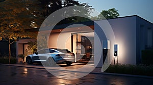 Eco-friendly electric car is conveniently parked in the driveway of a modern home, seamlessly connected to a built-in charging