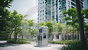 Eco friendly electric vehicle charging station with power cable supply and ev car concept