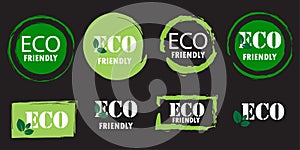 Eco friendly emblem. Vegan food. Black background. Premium quality. Healthy organic. Vector illustration. Stock image.