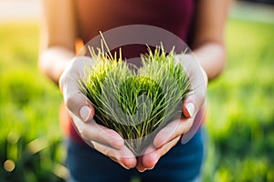 Eco-friendly energy concept. hands holding green grass heart symbolizing sustainability