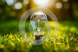 Eco friendly energy concept - light bulb in the grass against sun light