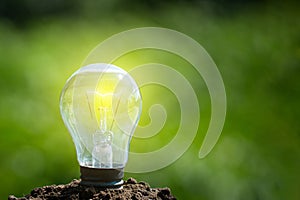 eco-friendly energy of the earth. lightbulb on soil and sunshine. concept saving energy in nature, copy space photo