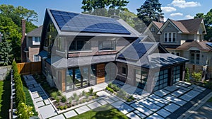 Eco Friendly Environment: Urban house with sunlit roof installing solar photovoltaic panels on rooftop, renewable energy source