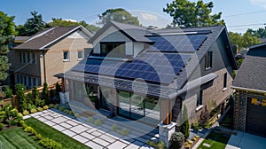 Eco Friendly Environment: Urban house with sunlit roof installing solar photovoltaic panels on rooftop, renewable energy source