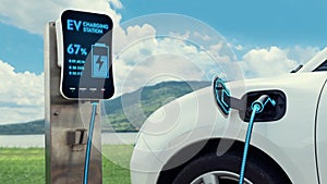 Eco-friendly EV car recharge battery in nature. Peruse