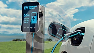 Eco-friendly EV car recharge battery in nature. Peruse