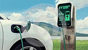 Eco-friendly EV car recharge battery in nature. Peruse
