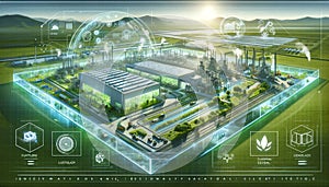 Eco friendly factory compound on green background. 3D illustration...