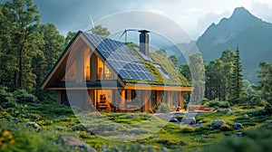 Eco-friendly A-frame cabin with solar panels, a green roof, and warm interiors nestled in lush greenery with wind photo