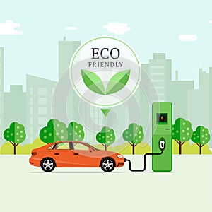 Eco friendly fuel concept. Electric car charging station. EV rec