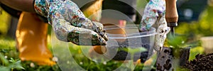 Eco friendly gardening. Woman preparing soil for planting, fertilizing with compressed chicken manure pellets. Organic fertiliser.