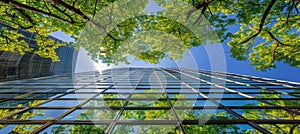 Eco friendly glass office building integrated with nature in a modern city for sustainable practices