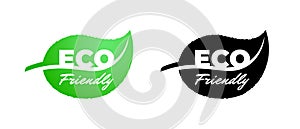 Eco friendly green and black leaf icon set. Certified quality healthy natural product sign. Bio fresh warranty label