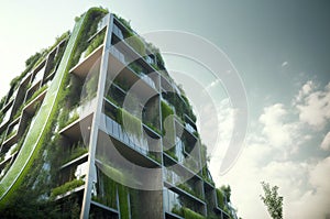 Eco-friendly green building with vertical garden design for sustainability