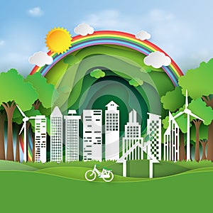 Eco friendly and green city paper art style