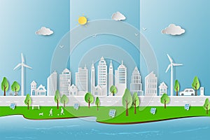 Eco friendly and green energy concept with eco city on paper art style