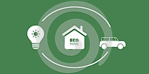 Eco Friendly Green Home Equipment, Electric Car Powered By Solar Energy - Modern Style Design Concept