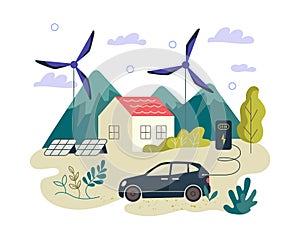 Eco-friendly green renewable energy banner. Electric car, smart house, solar panels and wind power turbine in mountain