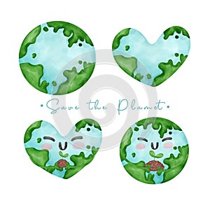 Eco friendly, group of world green earth icon heart shape and round shape, save our planet, save energy, watercolor
