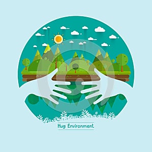 Eco friendly hands hug concept green tree.Environmentally friend