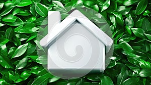 Eco-friendly home concept: white house icon on green leaf background