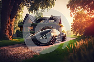 Eco friendly home and electric car.Alternative and Renewable energy concept. generative ai