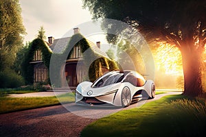 Eco friendly home and electric car.Alternative and Renewable energy concept. generative ai