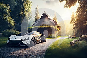 Eco friendly home and electric car.Alternative and Renewable energy concept. generative ai