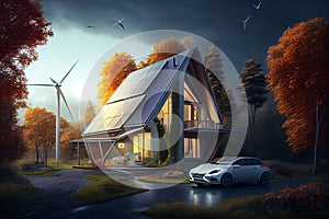 Eco friendly home and electric car. Alternative and Renewable energy concept. generative ai