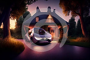 Eco friendly home and electric car. Alternative and Renewable energy concept. generative ai