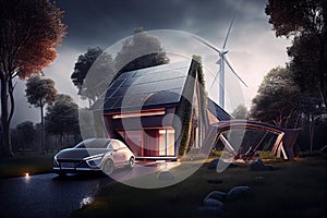 Eco friendly home and electric car. Alternative and Renewable energy concept. generative ai