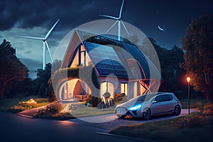 Eco friendly home and electric car. Alternative and Renewable energy concept. generative ai