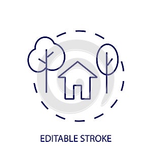 Eco friendly home outline concept icon. House with trees. Customizable linear contour symbol. Editable stroke