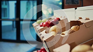 Eco friendly homegrown produce in crates on store shelves