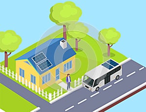 Eco friendly house energy saving technology. Street in smart city with road, green lawn and bus stop