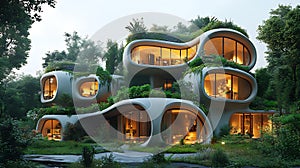 Eco-friendly house, forest setting, illuminated, organic architecture, night