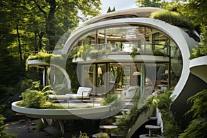 An eco-friendly house with a green roof integrated into a lush forest setting. Futuristic save energy planet concept