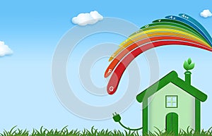 Eco-friendly house illustration with environmentally friendly energy efficiency scale. Eco home energy saving. Think of the green