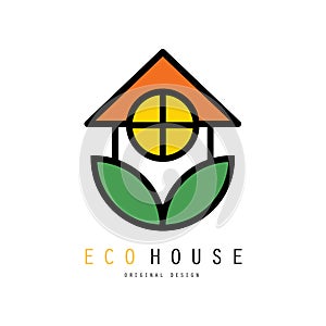 Eco friendly house logo with green leaves. Safe environmental home. Original linear emblem. Vector for business company