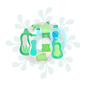 Eco friendly household cleaning supplies in leaves. Natural detergents. Products for house washing