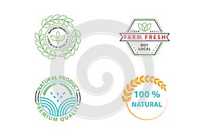 Eco-friendly icon pack with vector natural product icon label set. Premium quality logo badge line with green leaves. 100 percent