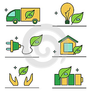 Eco friendly icons: car, charging, house, light bulb, battery, hands and leaves.