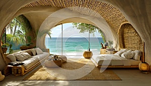 Eco-friendly igloo hotel crafted from sustainable materials like bamboo and recycled glass. Panoramic Ocean View