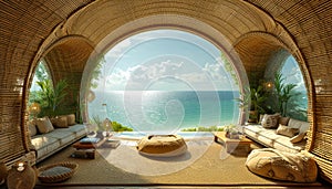 Eco-friendly igloo hotel crafted from sustainable materials like bamboo and recycled glass. Panoramic Ocean View